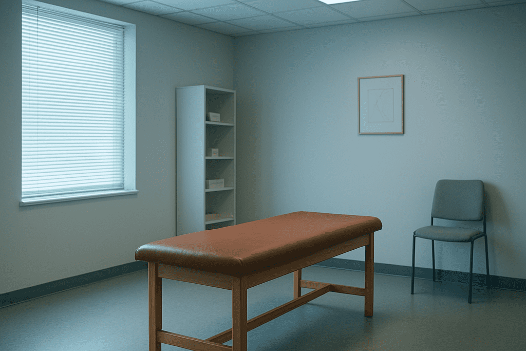 A clean medical examination room is softly illuminated by cool fluorescent lighting and natural light from a nearby window, featuring a cushioned wooden table, a light gray chair, and minimal furnishings. The clinical yet calm setting visually reinforces the theme of expert-backed fat burning exercises and safe weight loss, symbolizing a professional, health-oriented approach to at-home workout routines.