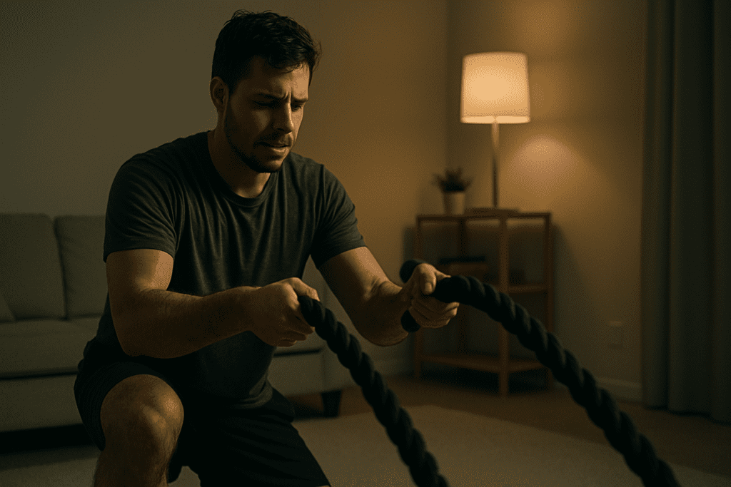 A young athletic man grips heavy battle ropes in a dimly lit gym, his focused expression and muscular form highlighted by moody, high-contrast lighting. The dramatic shadows and minimalist background emphasize the theme of expert-backed fat burning exercises for safe, fast weight loss, capturing the intensity and commitment of effective at-home-style workouts.