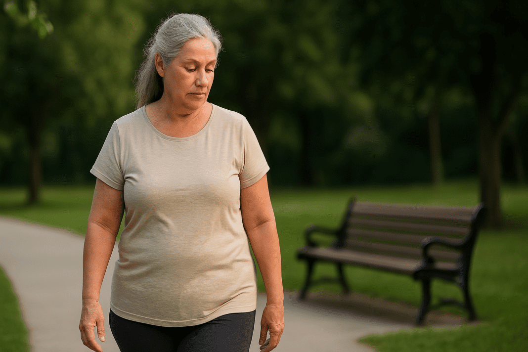 A middle-aged woman with silver-gray hair walks along a sunlit park path, dressed in a beige t-shirt and gray leggings. Her reflective expression matches the calm of her surroundings, as the greenery gently blurs in the background, symbolizing a peaceful approach to wellness for women over 50.