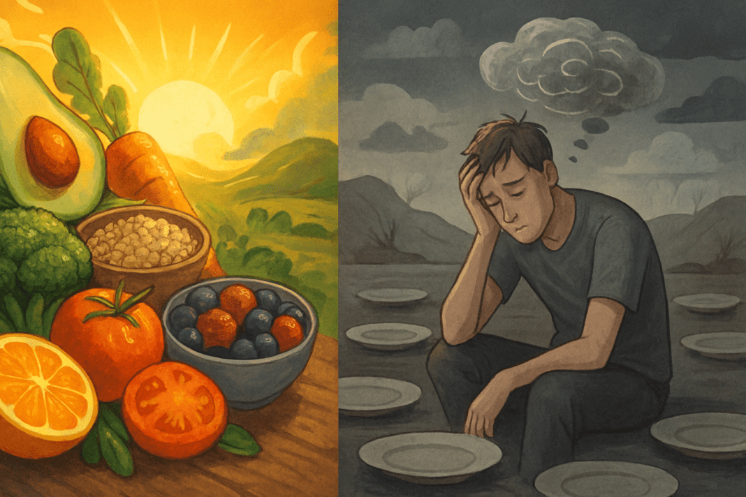 Split image showing what happens if carbohydrate is not around: vibrant fruits and grains on one side, fatigued person with brain fog and empty plates on the other.