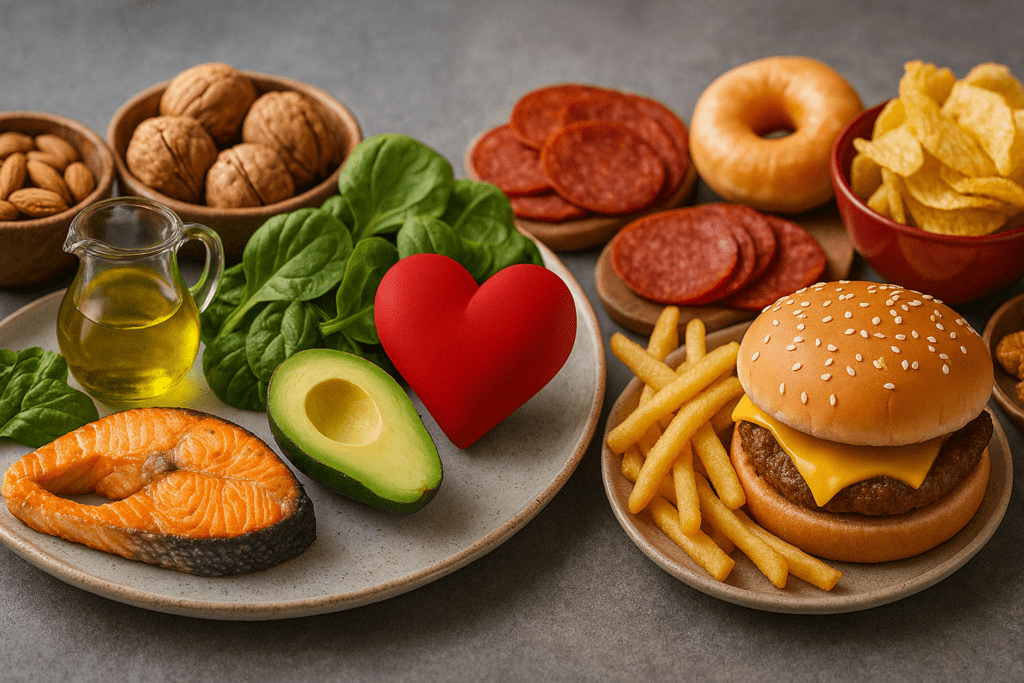 Comparison of healthy fats in a Mediterranean meal with salmon, avocado, and olive oil versus processed foods high in trans fats