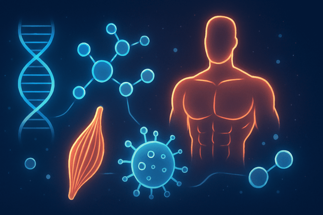 Scientific illustration showing DNA, muscle fibers, immune cells, and molecules connected in a glowing network, answering the question: Which of the following is a function of protein?