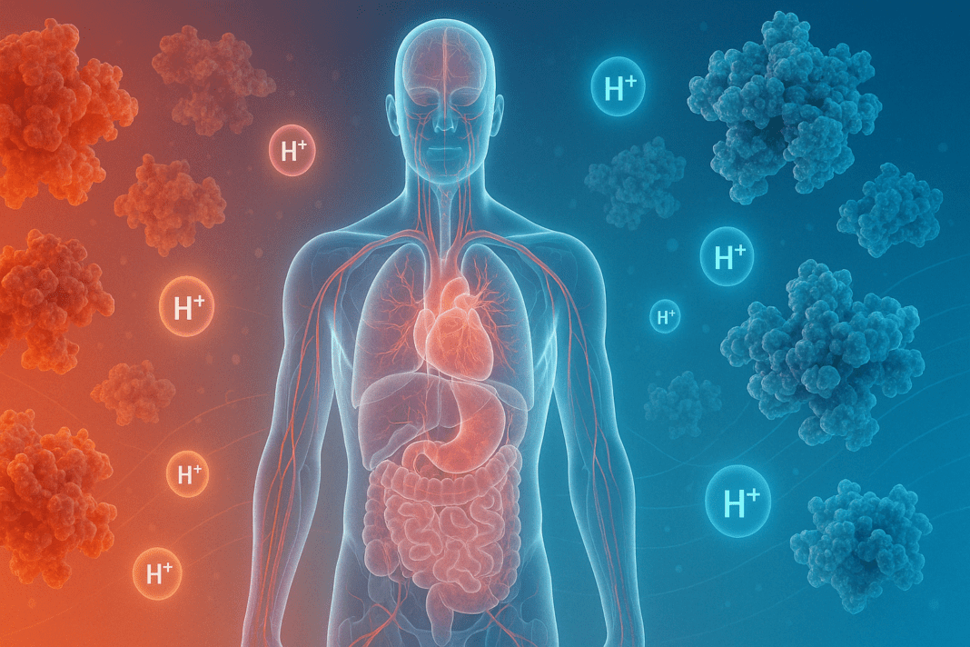 Glowing semi-transparent human body with visible organs and bloodstream, surrounded by protein molecules and hydrogen ions, illustrating how proteins regulate pH balance in the body.