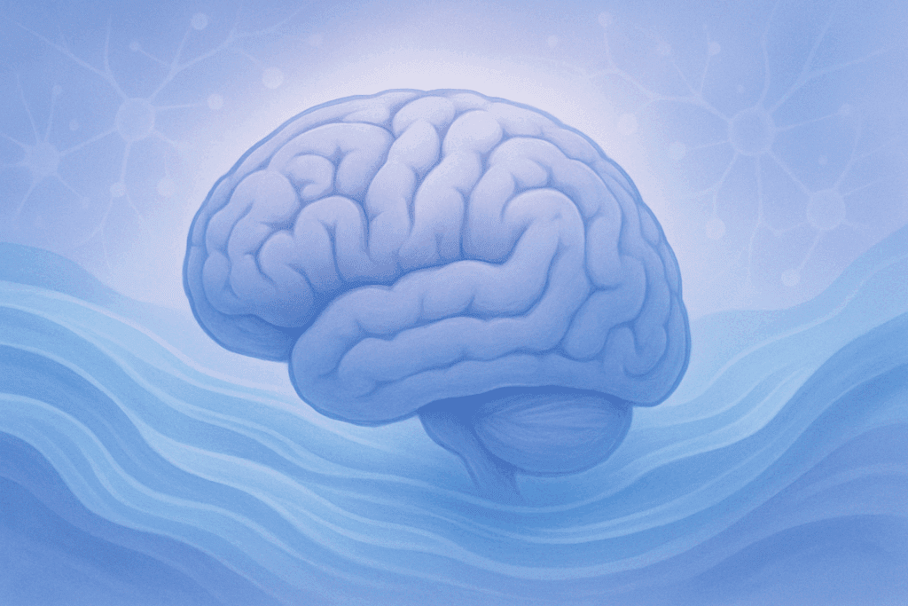 Stylized human brain surrounded by flowing water and faint neurons, symbolizing how the body uses water to support mood and cognitive health
