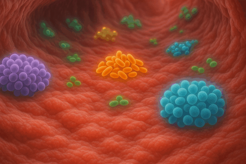 Microscopic view showing what happens at the esophagus with diverse glowing clusters of beneficial and harmful microbes on the esophageal lining