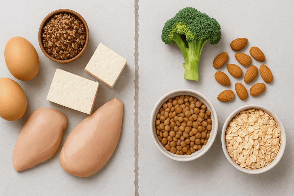 Divided plate showing complete vs incomplete protein foods to illustrate what are essential proteins in a balanced diet