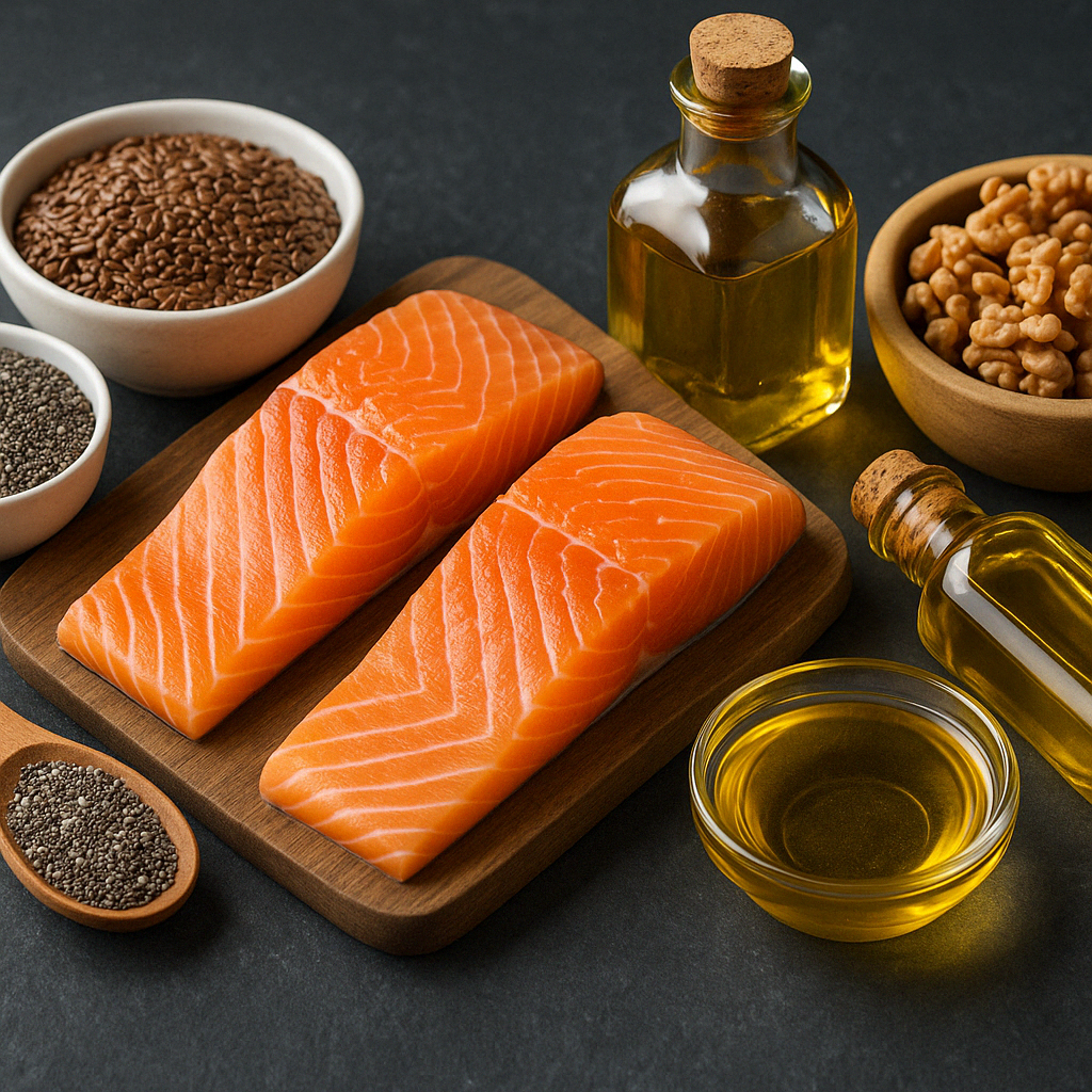 Salmon fillets, walnuts, chia seeds, flaxseeds, and oils on a slate surface representing what are considered fatty acids essential for brain and heart health.
