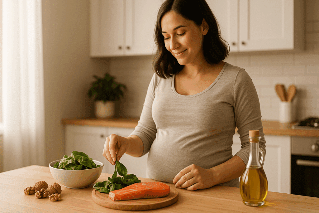 Pregnant woman preparing a healthy meal with salmon, spinach, walnuts, and olive oil, illustrating what are considered fatty acids in maternal nutrition.