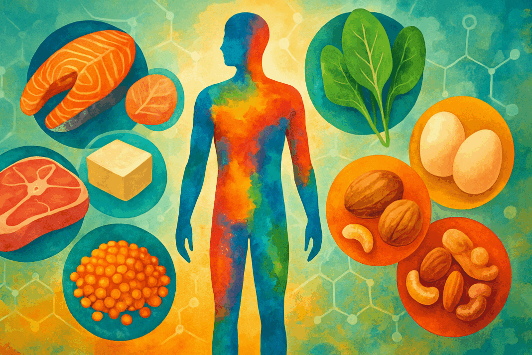 Colorful human silhouette surrounded by floating icons of meat, fish, tofu, eggs, lentils, nuts, and leafy greens, illustrating understanding the different types of proteins in nutrition.