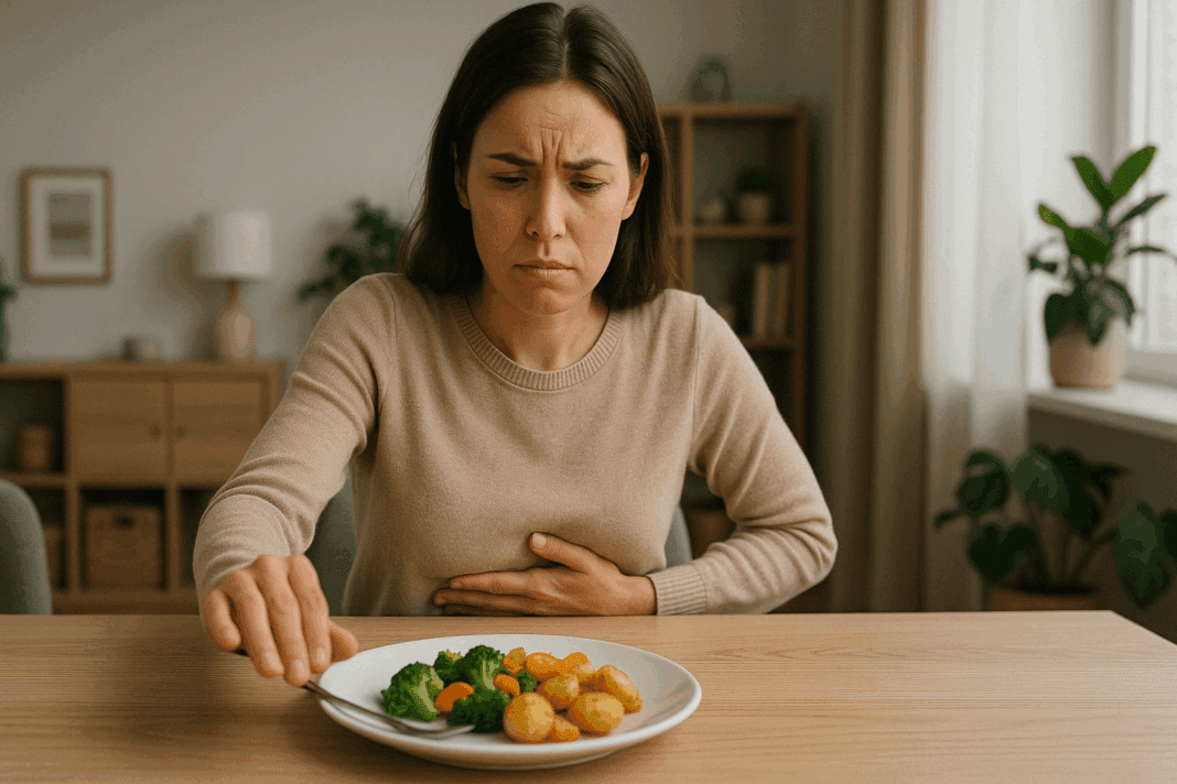 Woman holding her stomach and pushing away food at a dinner table, showing signs of sudden food intolerance in adults in a home setting.