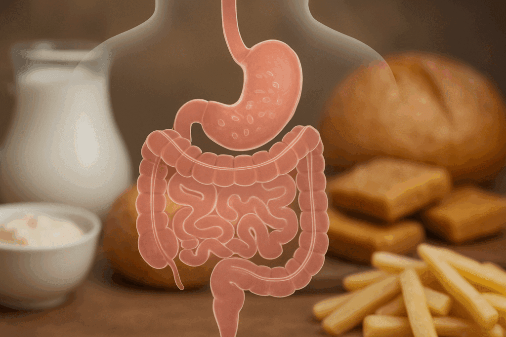 Illustration of a semi-transparent digestive system over common trigger foods like dairy and bread, representing sudden food intolerance in adults