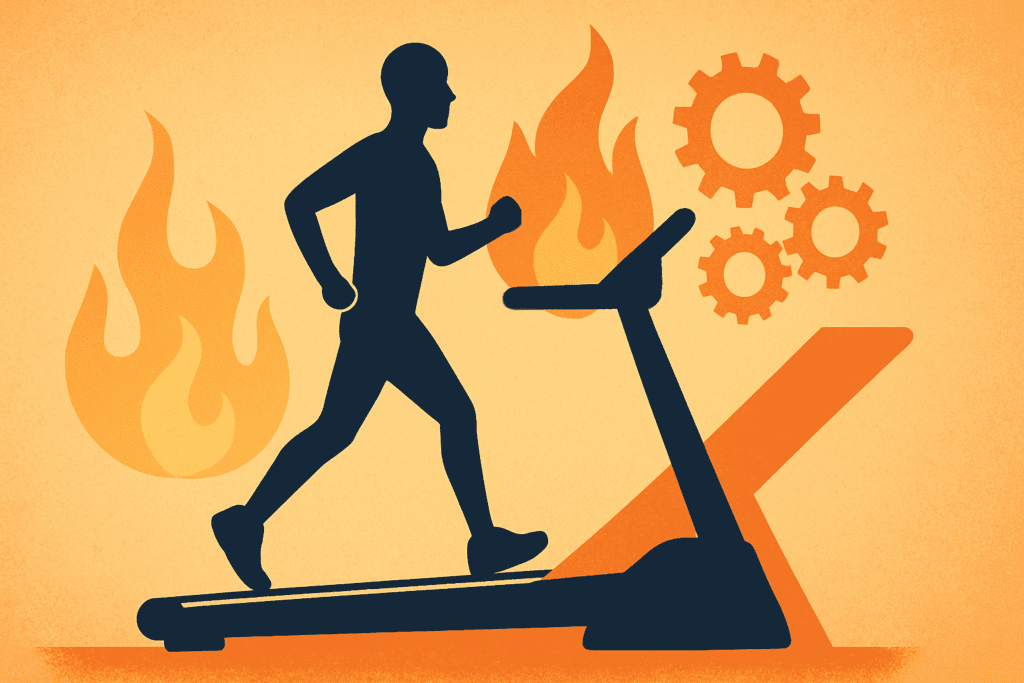 Conceptual illustration of a person walking on an inclined treadmill with flames and gears in the background, symbolizing metabolic resistance to weight loss, answering the question: Why Am I Not Losing Weight with Diet and Exercise?