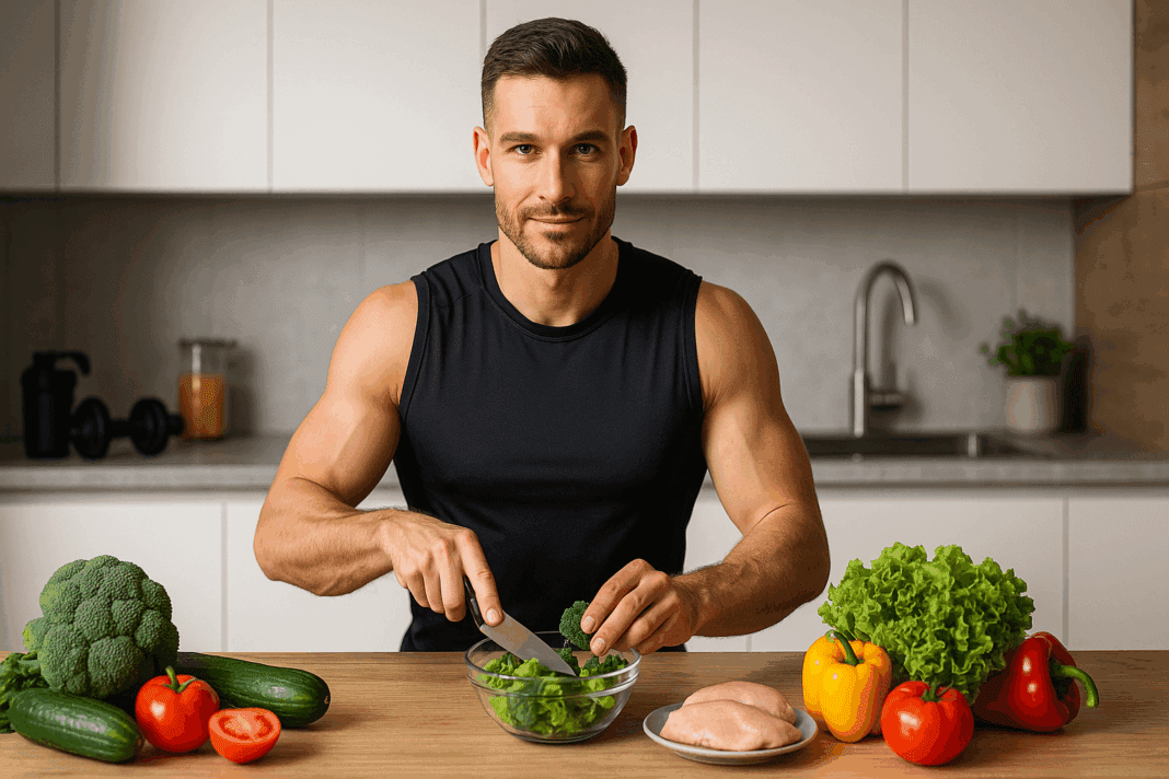 Athletic man preparing a healthy meal with vegetables and lean protein in a modern kitchen, representing the Best Diet Plan for Weight Loss in Men