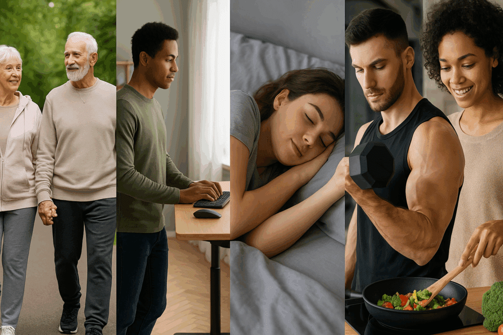 Diverse individuals of varying ages and activity levels walking, working, sleeping, weightlifting, and cooking healthy food—illustrating factors that influence how to calculate your calorie needs to lose weight.