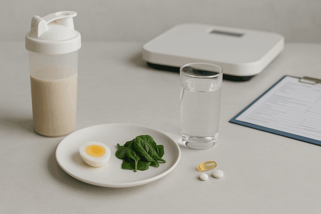 Minimalistic plate with half a boiled egg, leafy greens, protein shake, water, and supplements illustrating Super Low Calorie Diets.
