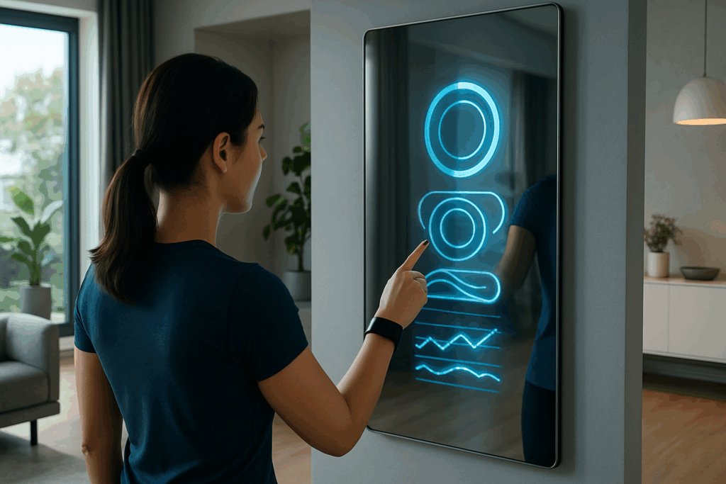 Woman using a smart mirror health app with stylized graphs in a modern home, illustrating a percent weight loss calculator in a tech-enhanced wellness setting.