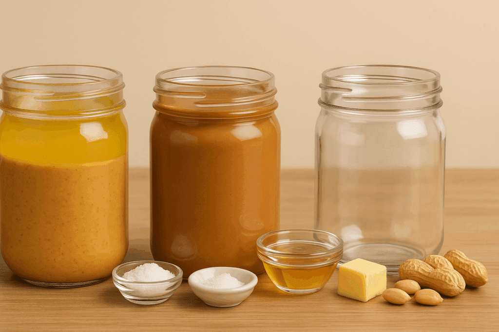 Three peanut butter jars on a wooden surface, visually comparing types to explore Is Peanut Butter Healthy for Weight Loss choices.