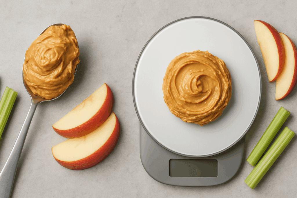 Heaping vs. measured peanut butter with apple and celery slices, illustrating portion control for Is Peanut Butter Healthy for Weight Loss