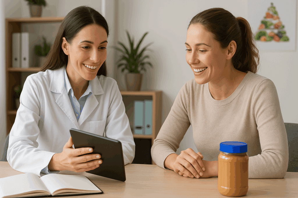 Nutritionist discussing food choices with a client, tablet and jar of peanut butter on table, illustrating Is Peanut Butter Healthy for Weight Loss.