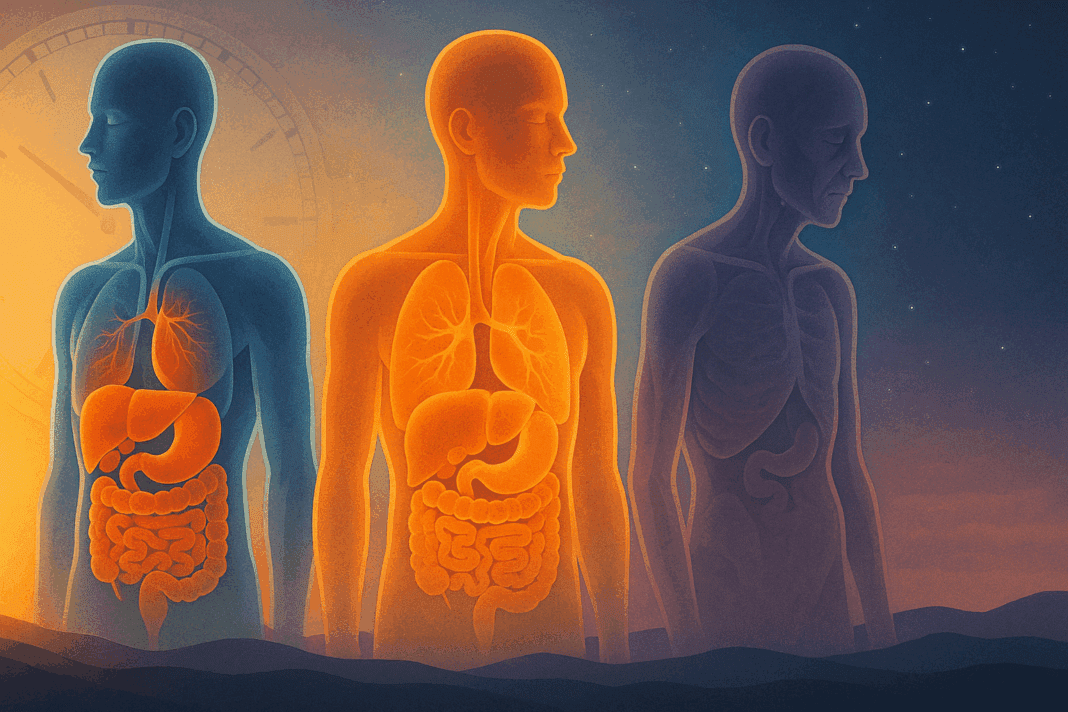 Conceptual illustration showing What Happens When You Stop Eating with three human figures transitioning from normal metabolism to ketosis and energy depletion over time