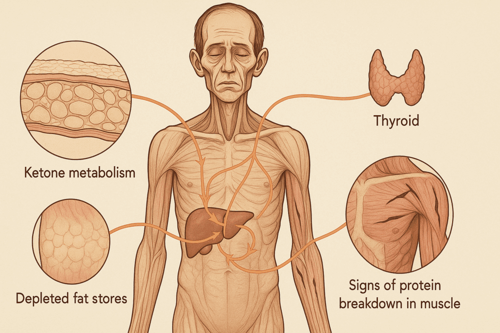 Biological illustration of What Happens When You Stop Eating after 14 days, showing depleted fat, muscle loss, hormone suppression, and ketone metabolism.