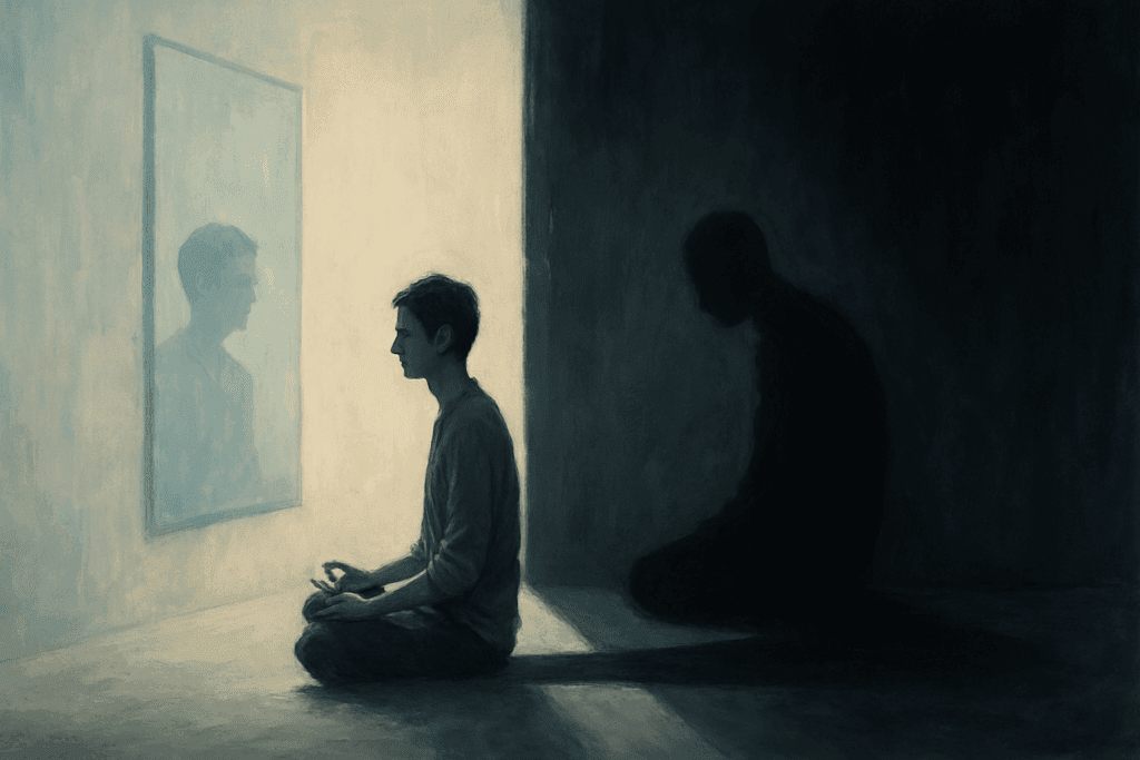 Person meditating alone in a split light-and-dark room, symbolizing the psychological struggle of what happens when you stop eating.