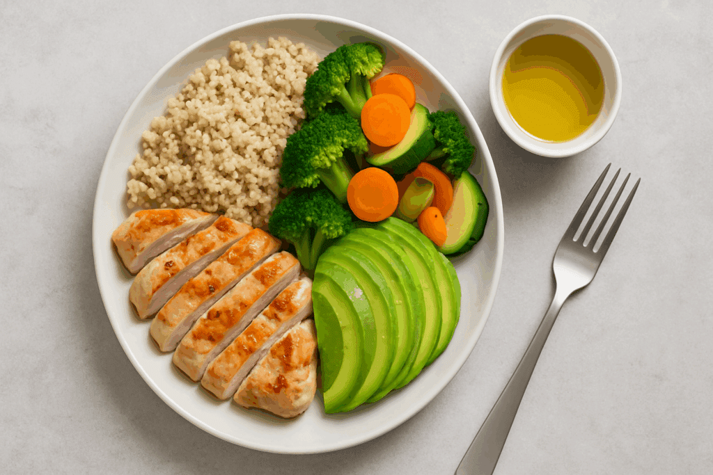 Balanced meal with grilled chicken, quinoa, avocado, and vegetables representing a portion-controlled diet to lose 10 Pounds in 2 Weeks