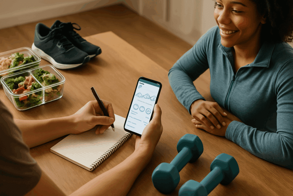 Person tracking fitness progress with a journal and app, surrounded by healthy meals, dumbbells, and a coach—illustrating how to lose 10 pounds in 2 weeks through sustainable habits.