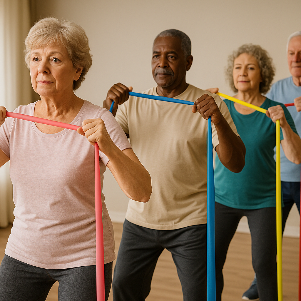 Older adults using resistance bands in a group fitness class, demonstrating age-friendly exercises in a guide on how to lose weight after 60.