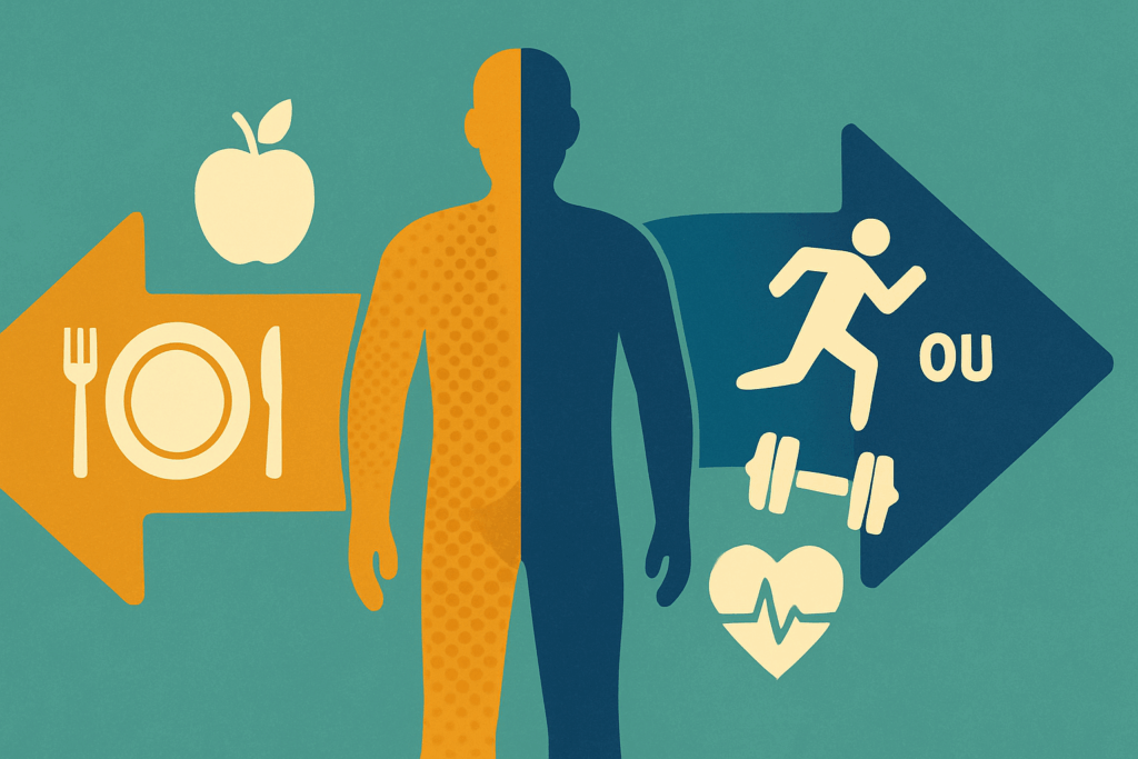 Infographic showing energy balance with food intake and exercise icons illustrating body composition changes, related to losing 3 pounds a week