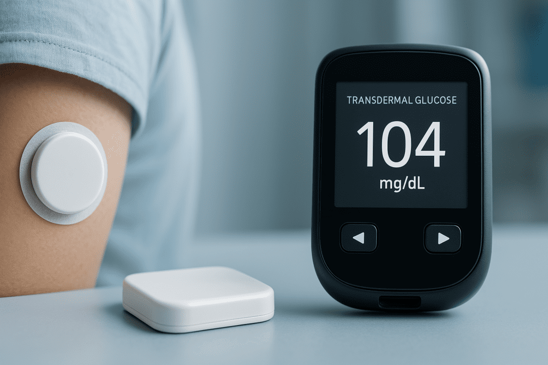 A high-resolution close-up image features a transdermal glucose sensor attached to an arm and a nearby glucometer reading “104 mg/dL.” Set in a cool-toned, clinical background with soft lighting, the composition showcases the precision and efficiency of modern noninvasive diabetes monitoring tools.
