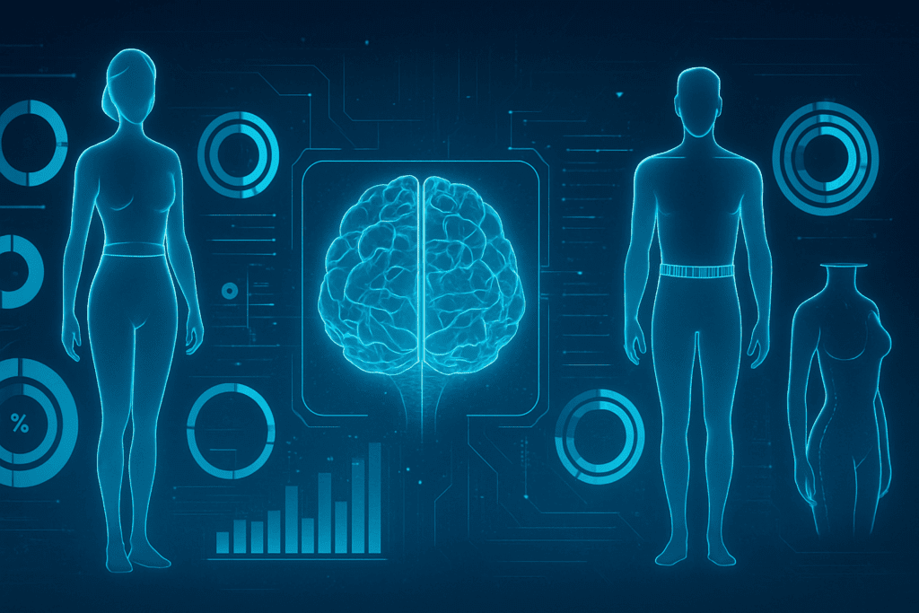 Futuristic AI interface analyzing human silhouettes with holographic data to visualize Human Weight Calculator metrics like BMI, waist-to-hip ratio, and body fat percentage