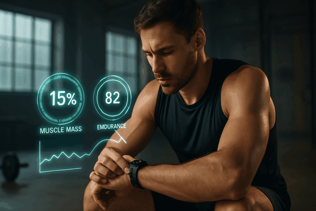 Athlete in a gym checking performance stats on a smartwatch with a digital overlay showing muscle mass and endurance, illustrating the Human Weight Calculator in action.