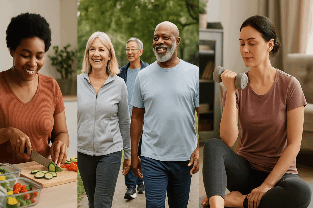 Diverse adults practicing how to lower your BMI safely by meal prepping vegetables, walking in a park, and doing strength training at home.