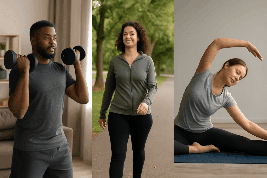 People exercising in different settings to show how to lower your BMI safely through consistent movement—lifting dumbbells at home, walking outdoors, and doing yoga on a mat.