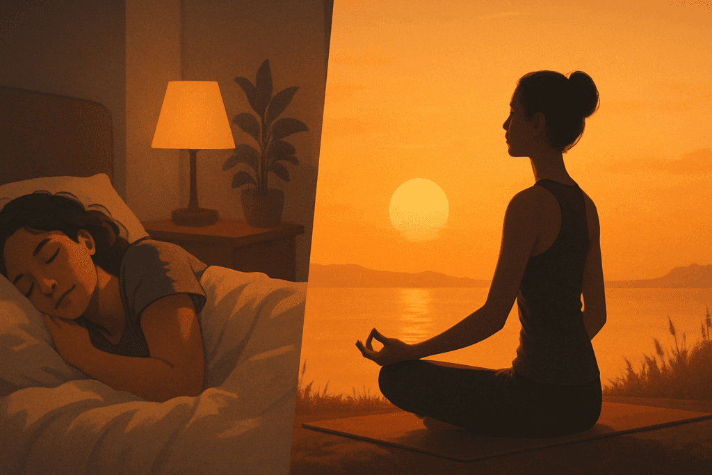 Peaceful bedroom with a person sleeping and another meditating at sunset, illustrating stress relief and restful habits for how to lower your BMI safely.