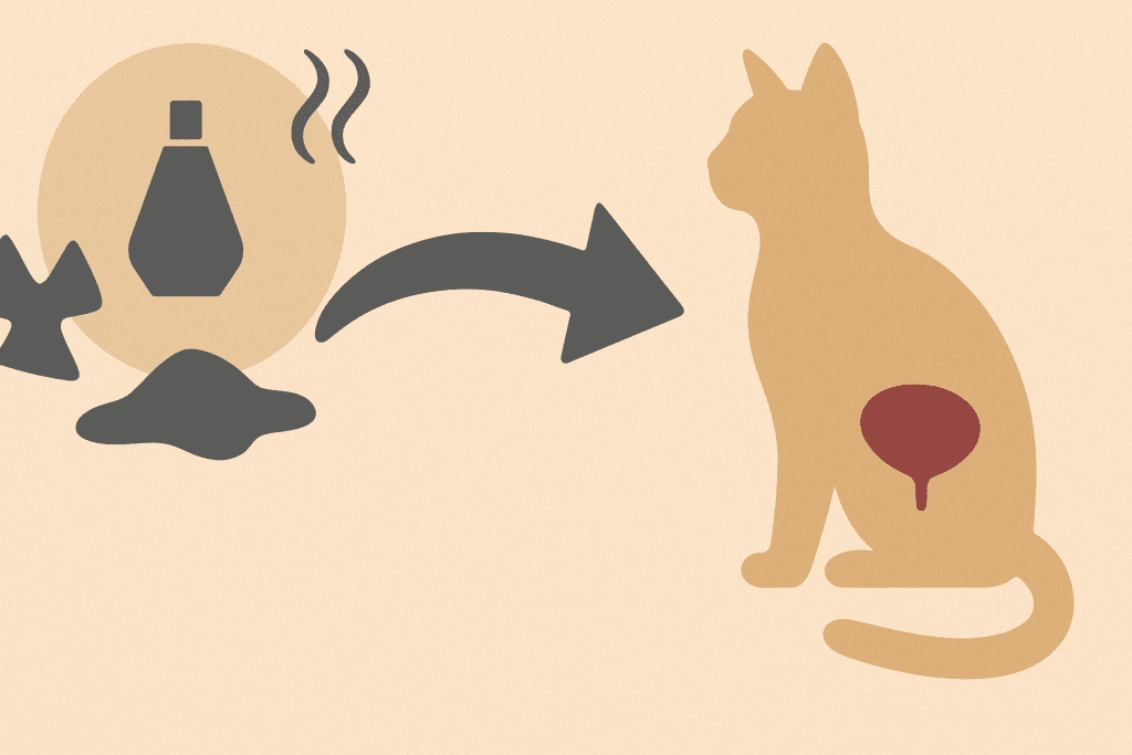 Abstract infographic showing how environmental stressors like scented cat litter may contribute to feline urinary issues.