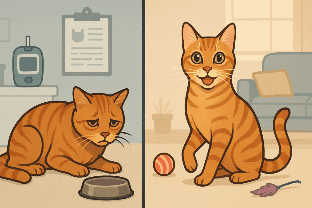 Split-screen illustration of two cats showing signs of feline diabetes on the left and a healthy cat on the right, highlighting differences in energy and appearance