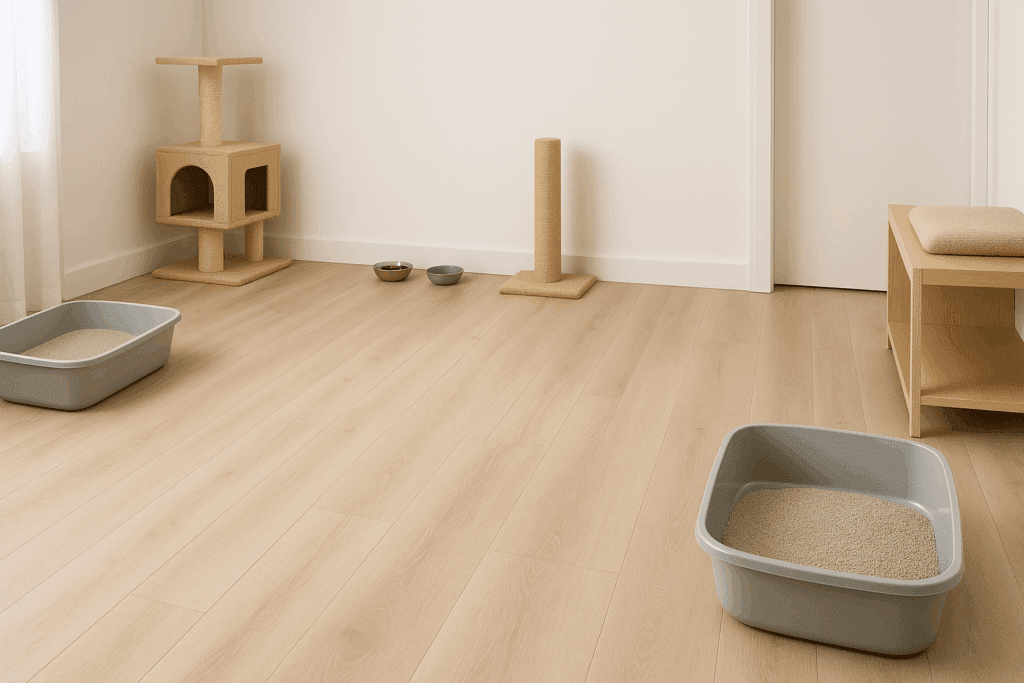 Spacious, tidy cat room with multiple litter boxes, feeding bowls, and play zones designed to promote feline wellness.