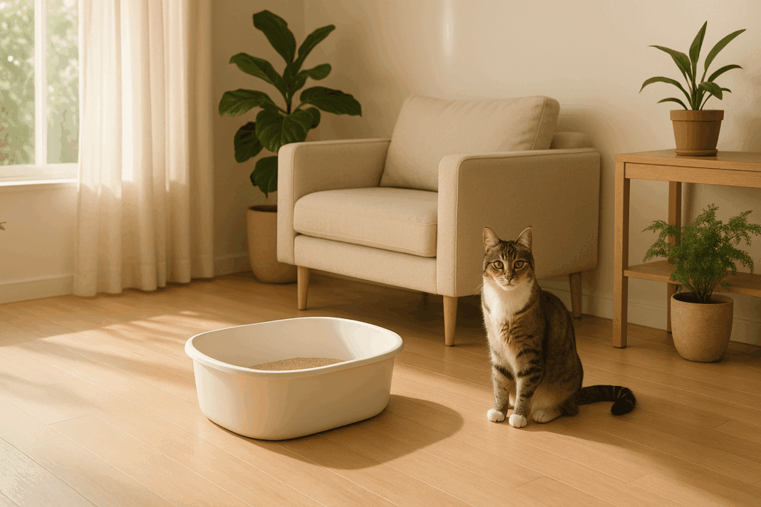 Cat sitting beside a clean, unscented litter box in a sunlit living room, promoting an alternative to scented litter.