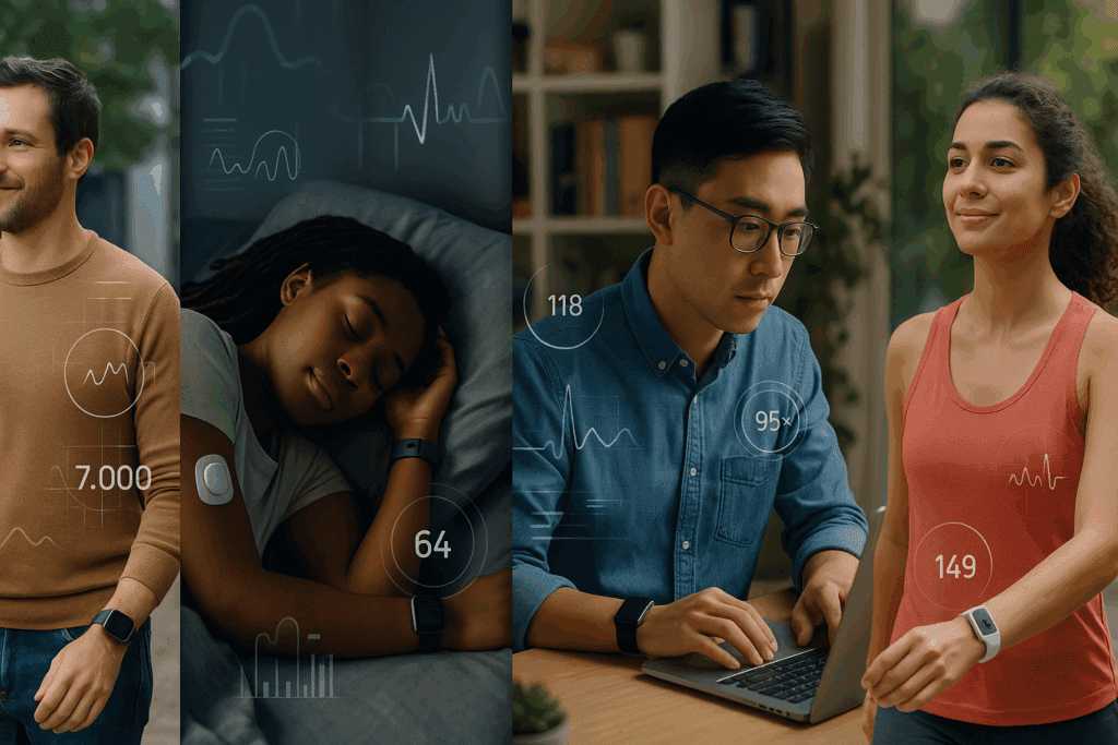 Diverse people using recent medical technology like smartwatches and biosensors while walking, sleeping, working, and exercising.