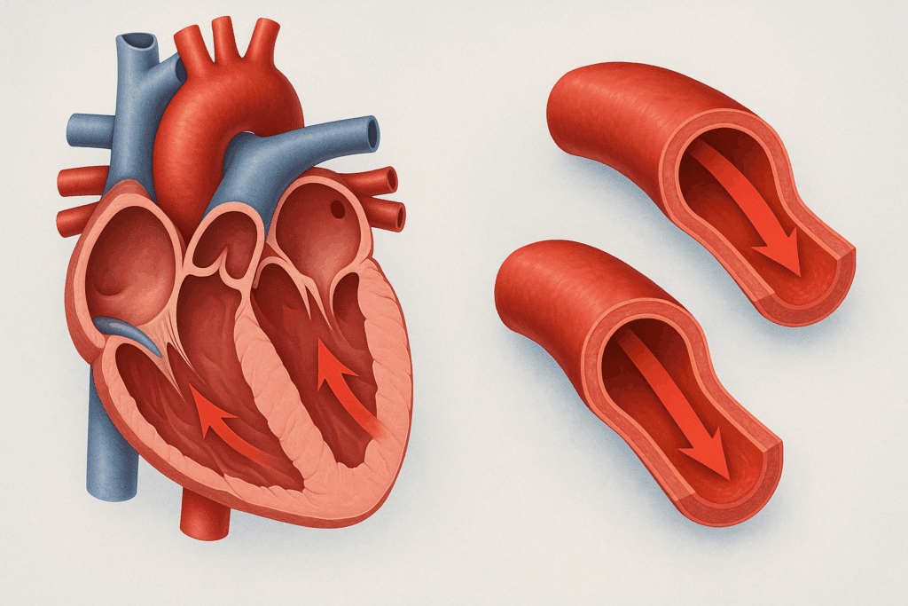 Cross-sectional medical illustration showing blood flow during systole and diastole phases of the heart, visualizing 135 over 85 blood pressure dynamics.