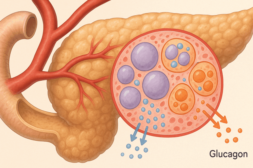 Cross-sectional diagram of the pancreas showing the islets of Langerhans, with alpha and beta cells secreting insulin and glucagon. This image highlights the pancreas' role in blood sugar regulation, relevant to pancreatitis and diabetes.