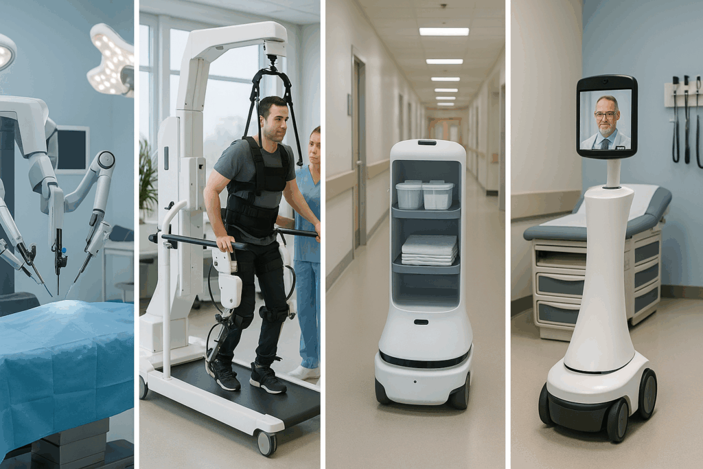 Collage showing robots in the healthcare industry: surgical robot in operating room, rehab robot aiding gait training, logistics robot in hospital hallway, and telepresence robot in exam room