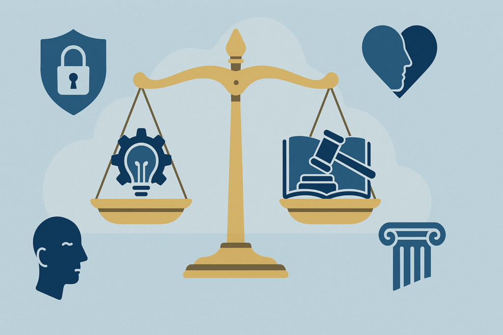 Infographic showing a balanced scale symbolizing robots in the healthcare industry, with icons for innovation, ethics, data privacy, and emotional care