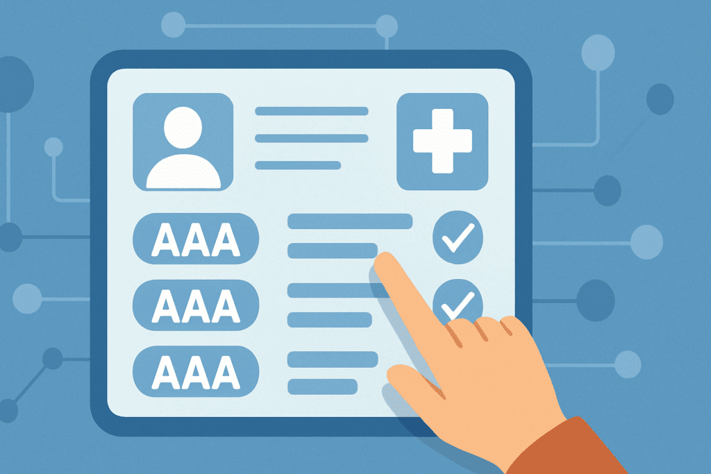 Hand interacting with a digital health record interface displaying abstract medical icons and checkmarks, symbolizing modern diagnostics and another term for high blood pressure.