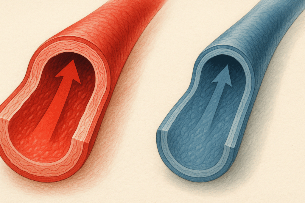 Anatomical comparison of arteries and veins illustrating differences in blood flow and pressure, relevant to understanding another term for high blood pressure.
