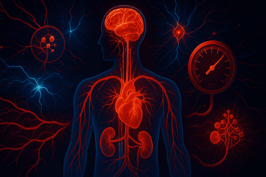 Human silhouette with glowing arteries, heart, brain, kidneys, and hormonal systems interconnected to visualize the pathophysiology of hypertension.