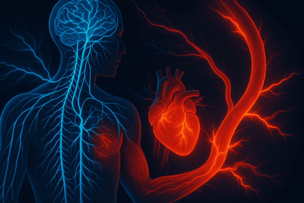Stylized human nervous system with glowing blue sympathetic nerves activating the heart, arteries, and muscles, visualizing the pathophysiology of hypertension.