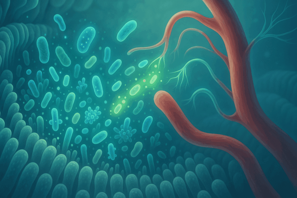 Microscopic view of gut flora releasing bioactive compounds near blood vessels and nerves, illustrating the pathophysiology of hypertension.